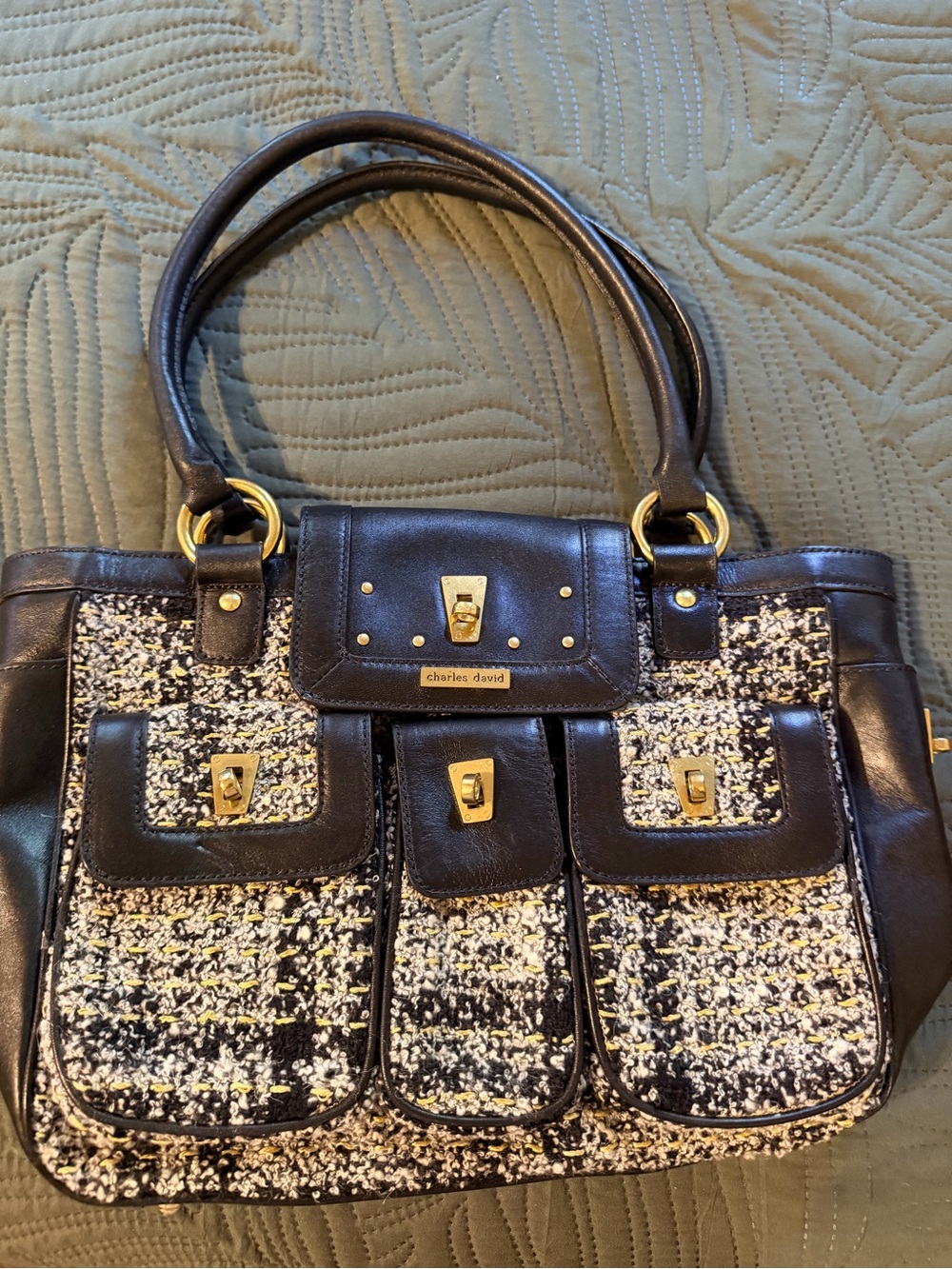 Charles David Black Leather & Tweed Multi-Pocket Shoulder Bag